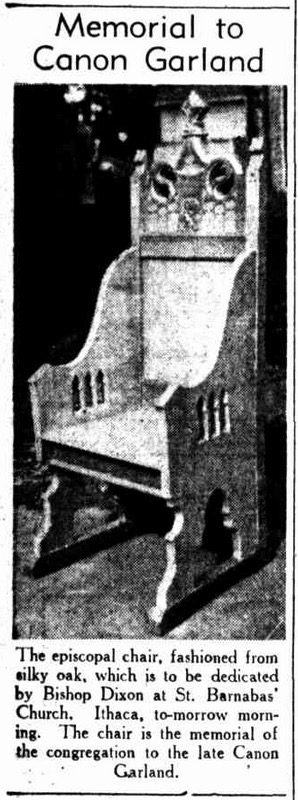 Image of the episcopal chair donated in memory of Canon David Garland at St Barnabas' Church by Bishop Horace Henry Dixon, in "The Telegraph" of 15 June 1940 (page 4).