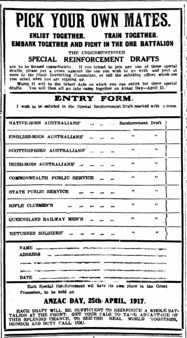 ABOVE: This "Pick Your Own Mates" call to join the Colours advertisement appeared in "The Telegraph" (Brisbane) on 22 February 1917, pg6.