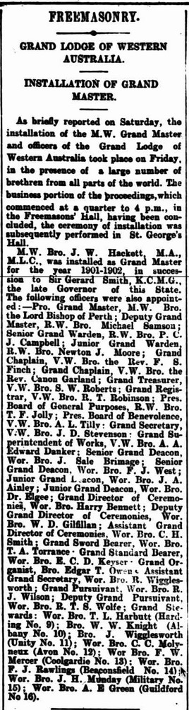 The Grand Lodge of Western Australia members named on 29 April 1901 in "The West Australlian" newspaper (page 2).