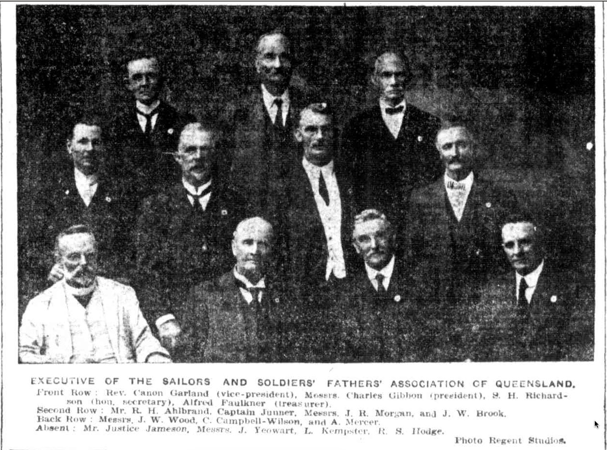 A photo of the executive members of The Sailors’ and Soldiers’ Fathers’ Association of Queensland, from "The Telegraph" of 22 April 1922 (page 10).