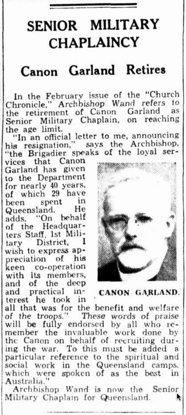 Canon Garland's retirement as Queensland's most senior military chaplain in February 1936.