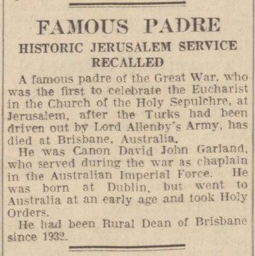 Obituary of Canon Garland in "The Derby Daily Telegraph" of 31 October 1939 (page 2).